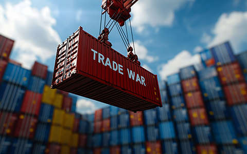 A shipping container hangs by a crane.